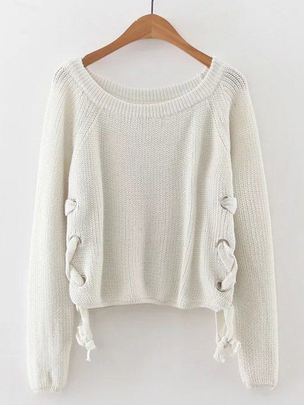 

Late Fall Circle Hoop Lace-Up Sweater, Off-white