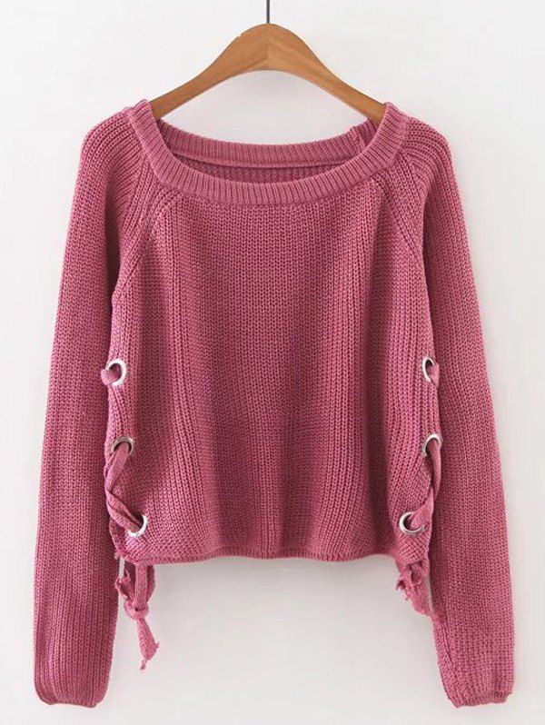 

Late Fall Circle Hoop Lace-Up Sweater, Watermelon red