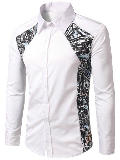 

Printed Button Up Paneled Shirt, White