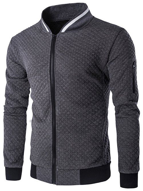 

Rib Splicing Argyle Knurling Stand Collar Jacket, Gray