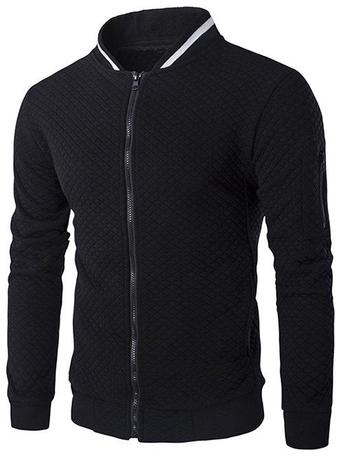 

Rib Splicing Argyle Knurling Stand Collar Jacket, Black