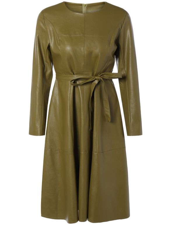 Un cuir Robe longue lignée ceinturée à manches PU - RAL1020 Olive Jaune S