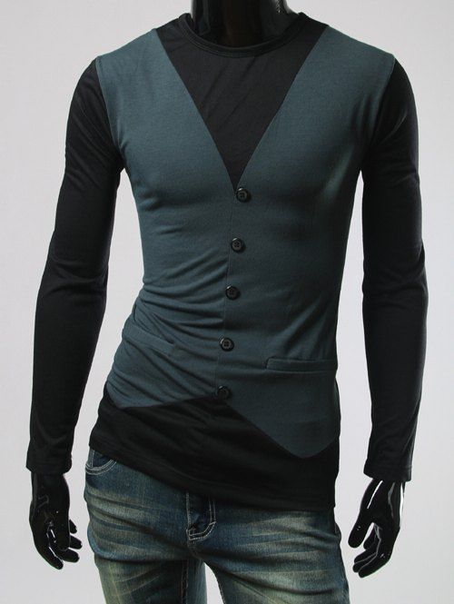 

Round Neck Single-Breasted and Pcoket Embellished T-Shirt, Blackish green