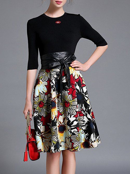 Floral Print Skirt + Pull Two Piece Dress - Noir S