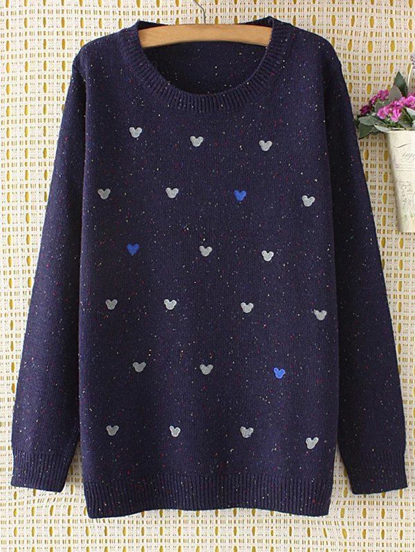 

Oversized Embroidered Cartoon Sweater, Purplish blue