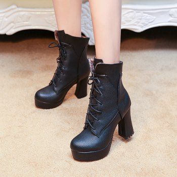 Lace-Up Platform Textured Leather Short Boots, BLACK in Boots ...