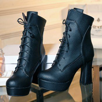 Lace-Up Platform Textured Leather Short Boots, BLACK in Boots ...