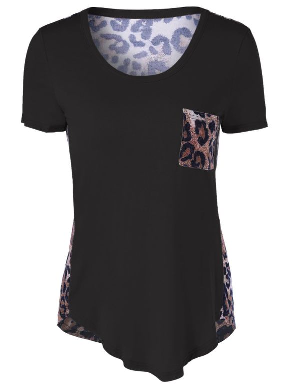 Simple Leopard Pocket T-shirt asymétrique - Noir 3XL