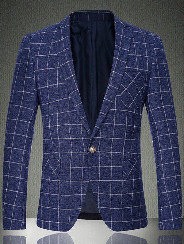 

Sleeve Buttons Breast Pocket Grid One-Button Blazer, Light blue