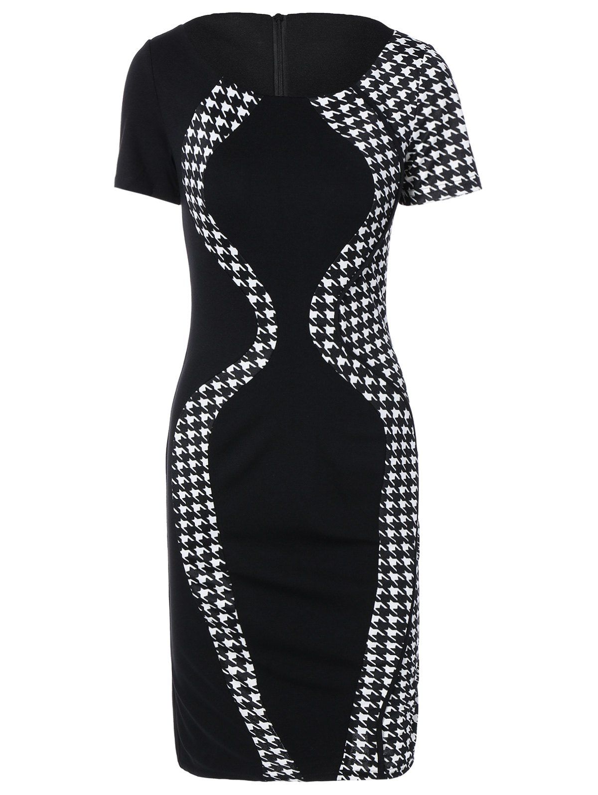 

Houndstooth Splicing Knee-Length Work Dress, Black