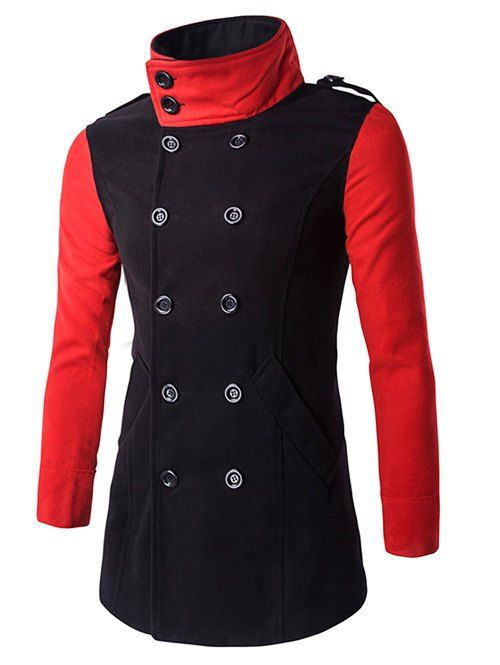 

Turn-Down Collar Color Block Splicing Double-Breasted Woolen Coat, Black