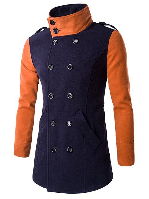 

Turn-Down Collar Color Block Splicing Double-Breasted Woolen Coat, Cadetblue