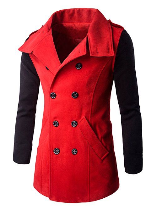 Col rabattu Coat Color Block Splicing Double-Breasted Woolen - Rouge 2XL