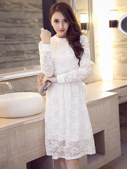 

Long Sleeve Floral Lace Dress, White