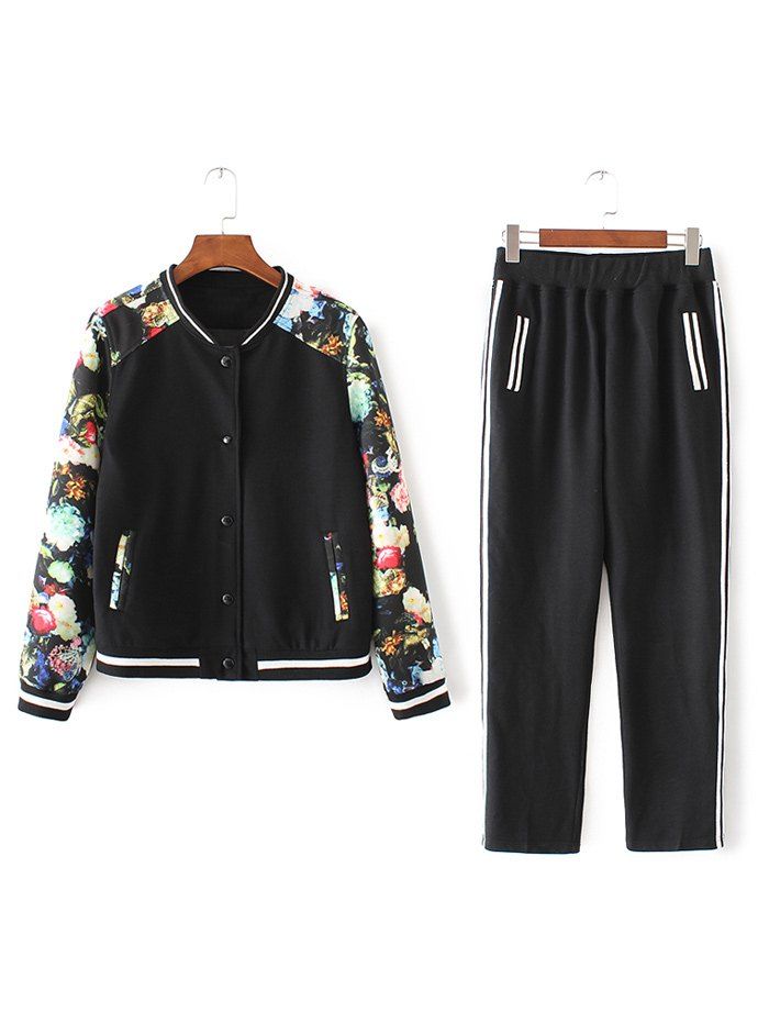 

Flower Print Patchwork Bomber Jacket with Sporty Pants, Black