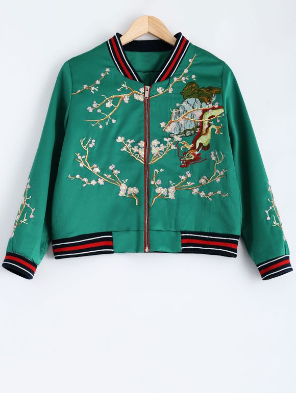 Dragon Flower Embroidery Souvenir Jacket - GREEN L