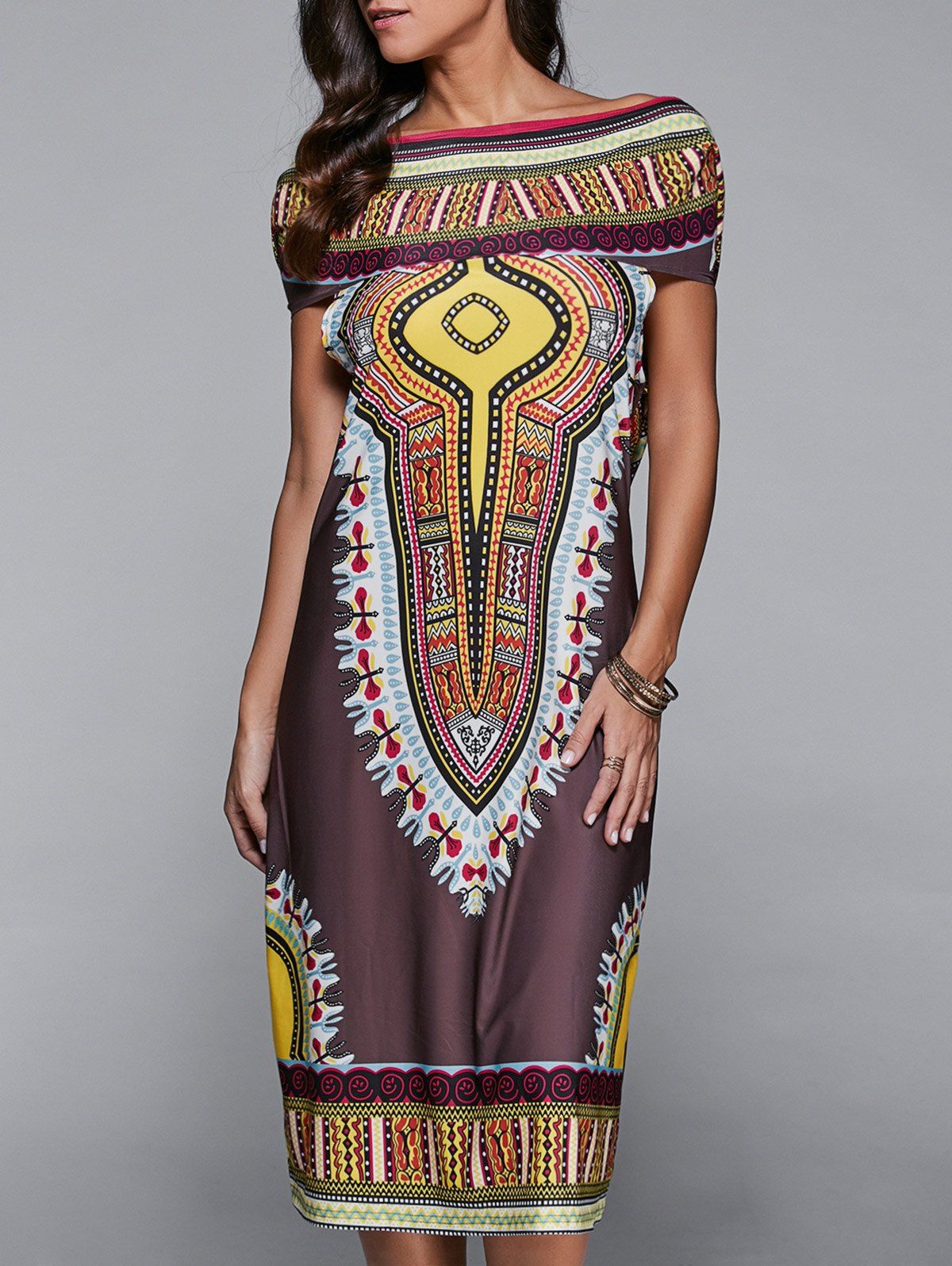 

Hooded Ethnic Print Dress, Brown