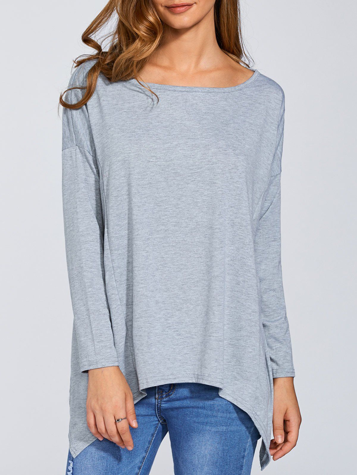 

Hankerchief Hem Long Sleeves Casual Top, Gray