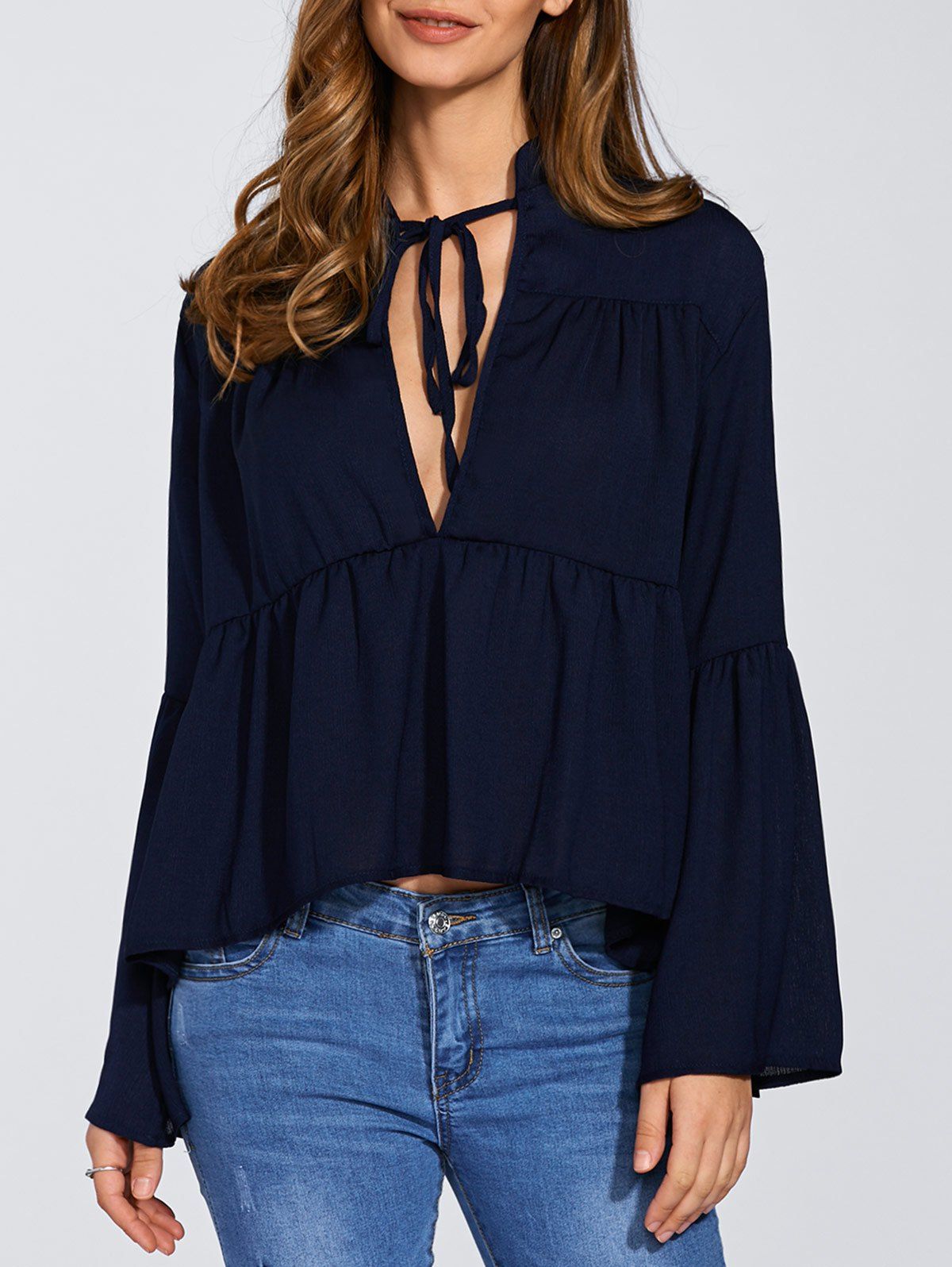 

Deep V Neck Bell Sleeve Ruffled Top, Deep blue