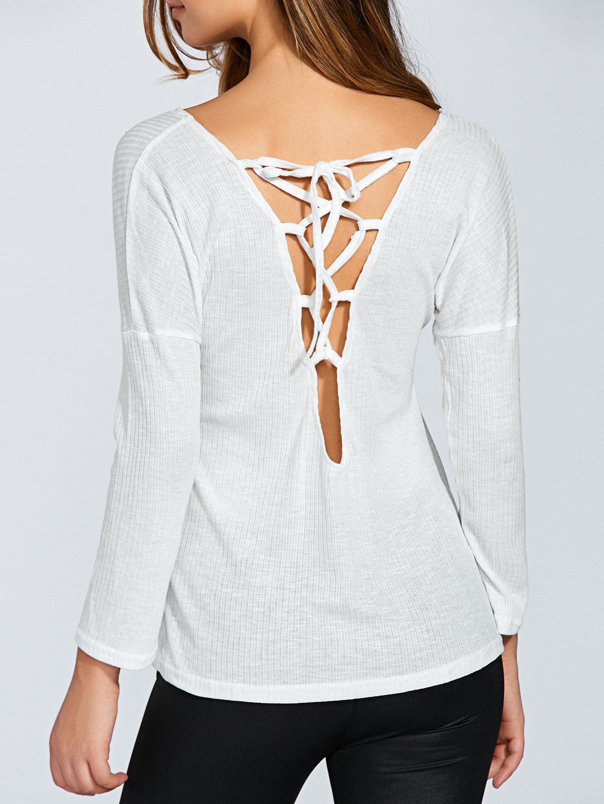 

Drop Shoulder Long Sleeve V Back T-Shirt, Off-white