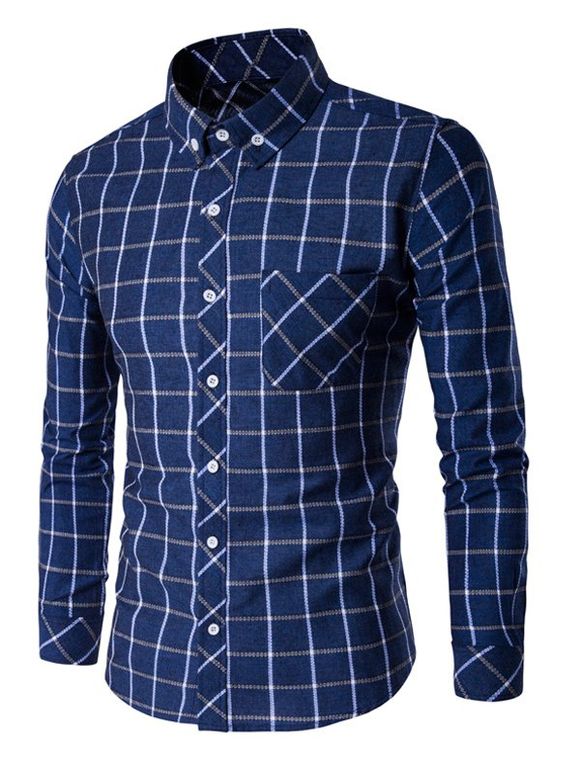 Plaid Shirt manches longues Button-Down - Bleu Toile de Jean L