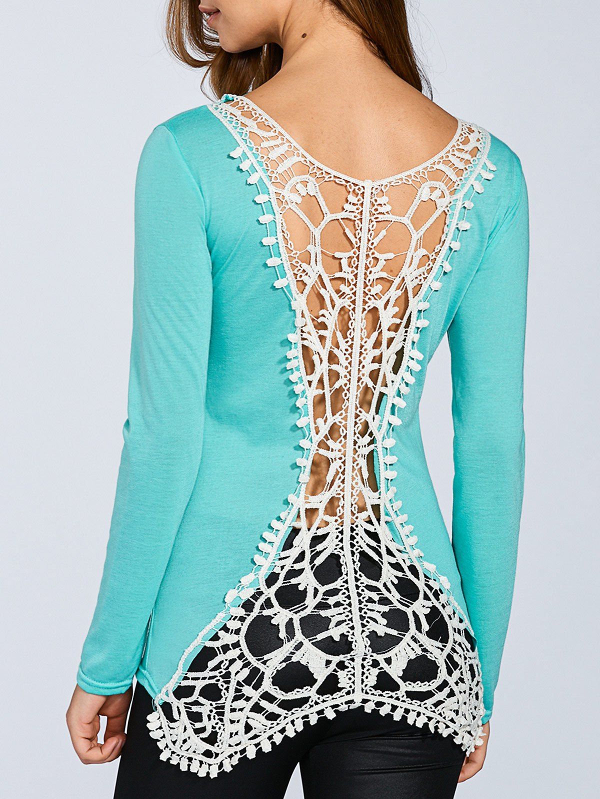 

Round Neck Long Sleeve Hook Flower Spliced T-Shirt, Light green