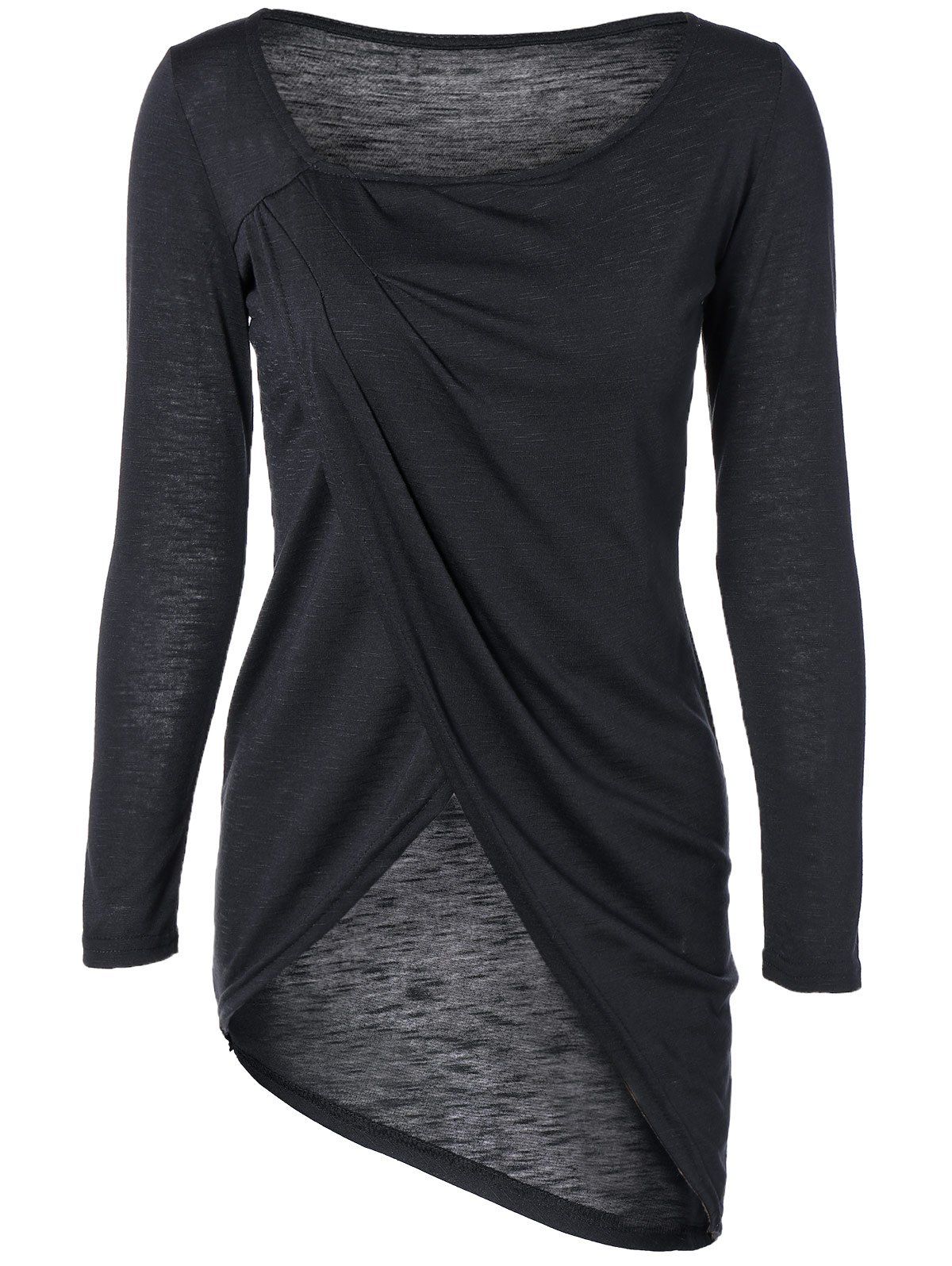 Scoop Neck Asymmetric Wrap T-Shirt, BLACK, L in Long Sleeves ...