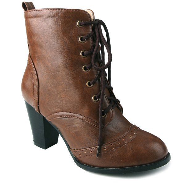 [17% OFF] 2020 Tie Up Chunky Heel Engraving Ankle Boots In DEEP BROWN ...