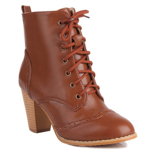 

Tie Up Chunky Heel Engraving Ankle Boots, Brown