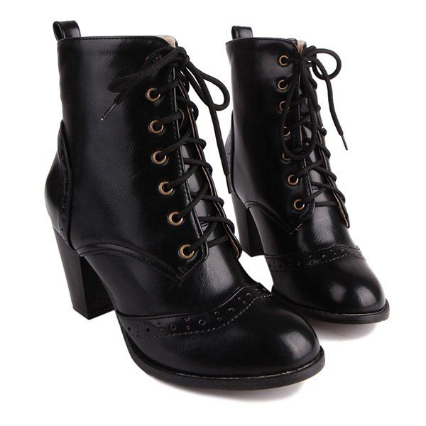 [41% OFF] 2021 Tie Up Chunky Heel Engraving Ankle Boots In BLACK ...