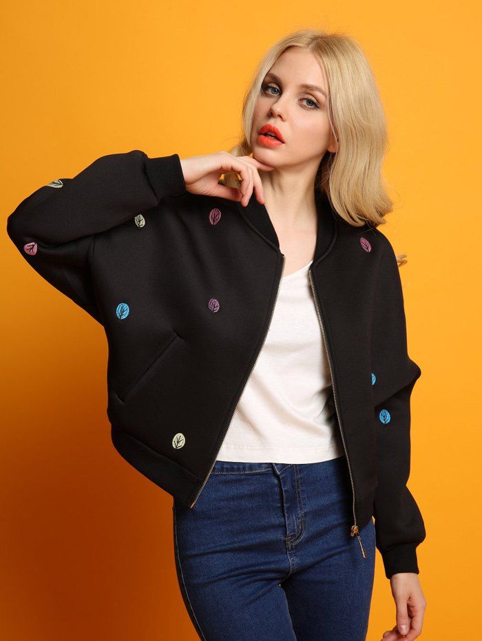 

Zip Up Tree Embroidered Bomber Jacket, Black
