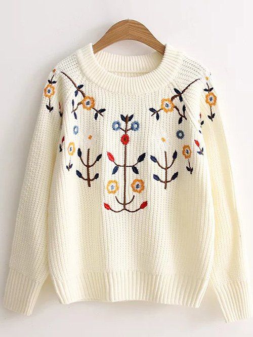

Pullover Floral Embroidered Knitted Sweater, White