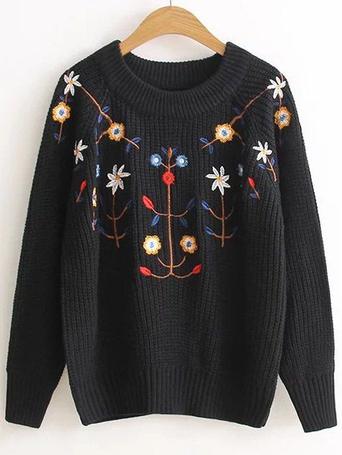 Pull floral brodé Pull - Noir ONE SIZE