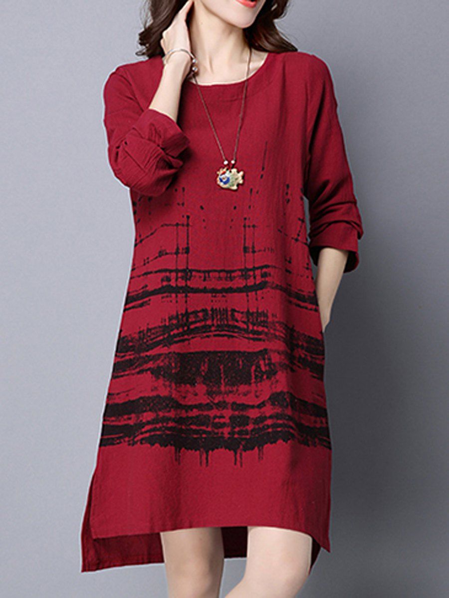 

Step Hem Ink Painting Flare Dress, Red
