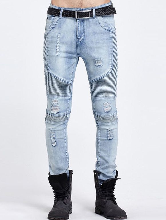Ribbed Pocket Rivet Frayed Ripped Jeans - BLUE 32