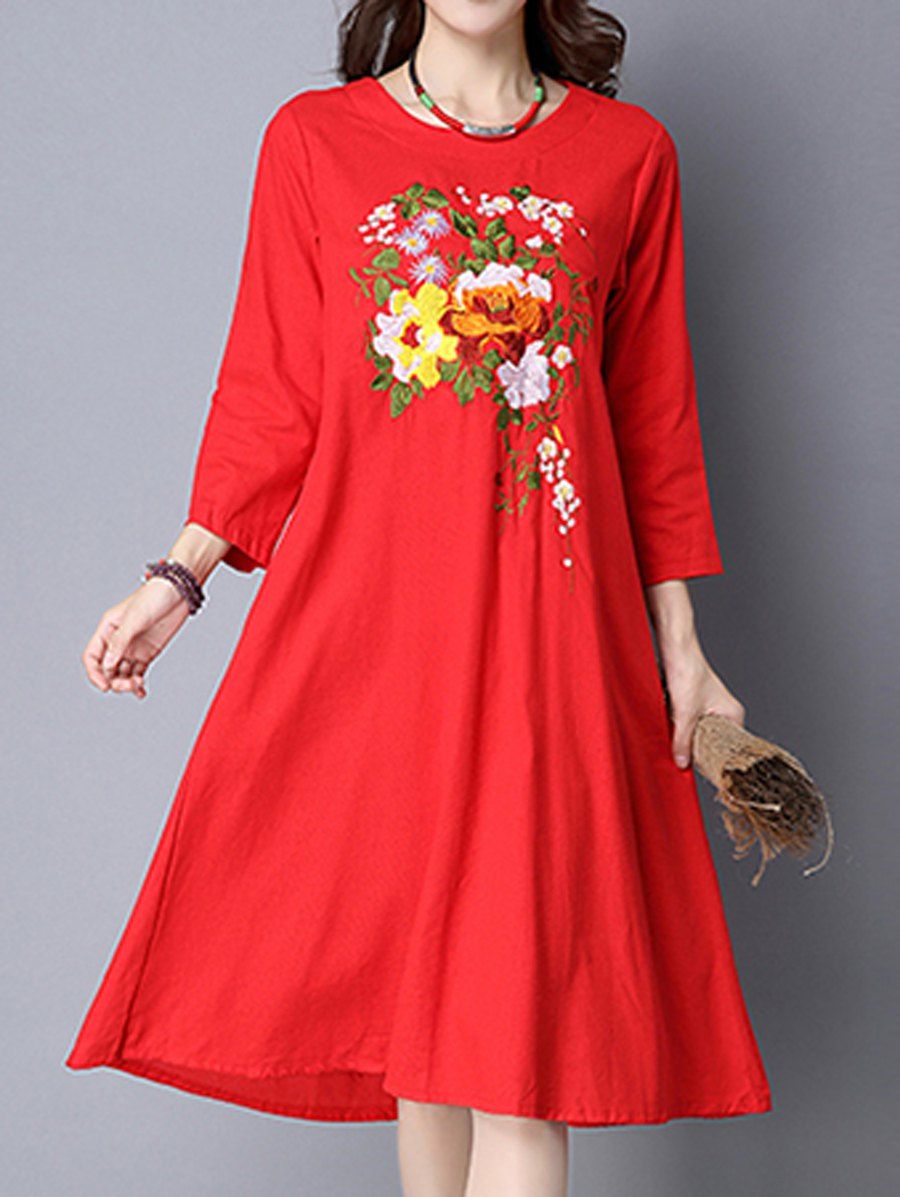 

Floral Embroidered A Line Midi Dress, Red