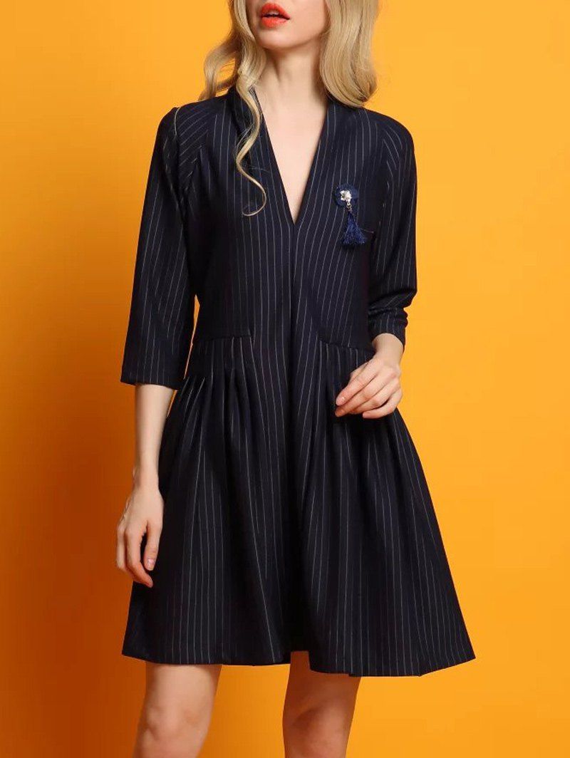 

Striped Pendant Design Swing Dress, Purplish blue