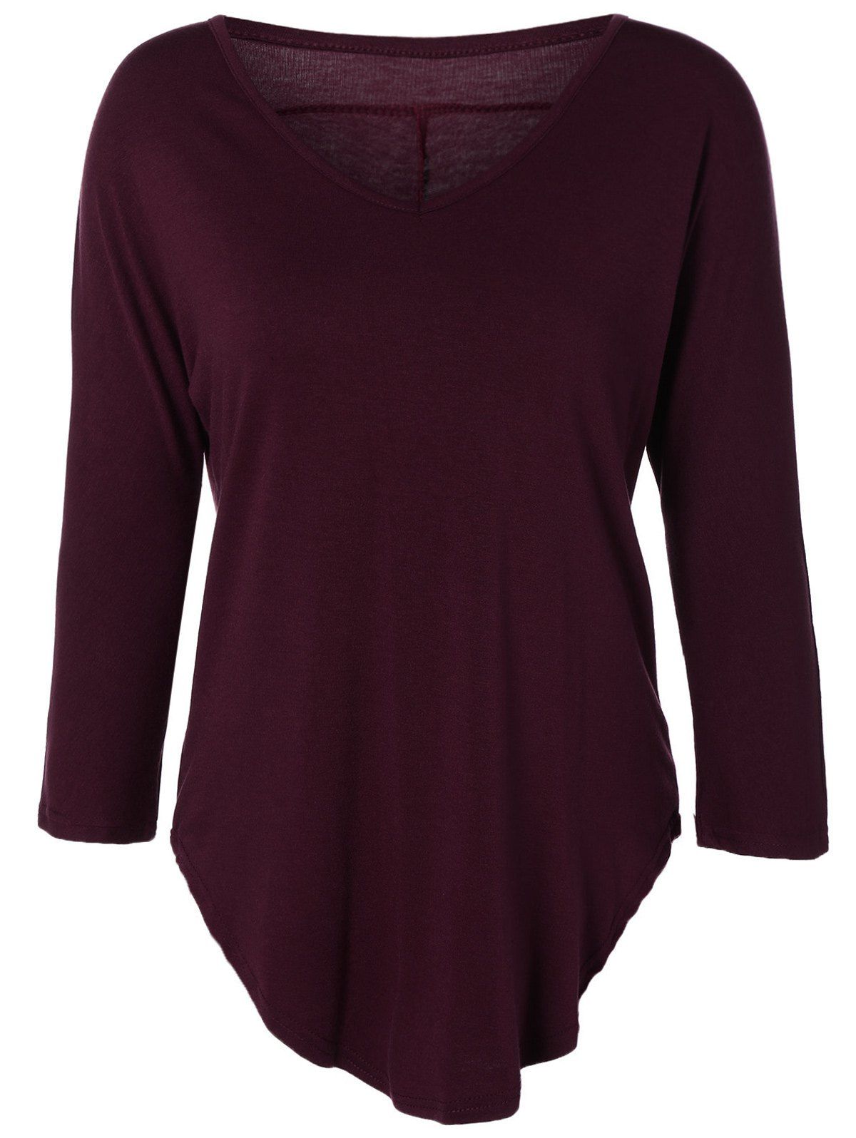 

3/4 Sleeve V-Neck High-Low Hem T-Shirt, Wine red
