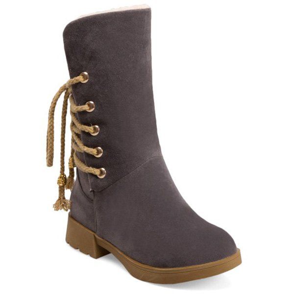 

Suede Back Lace-Up Low Heel Mid-Calf Boots, Gray