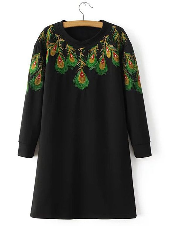 Loose Peacock Feather Embroidered Sweatshirt Dress - BLACK S