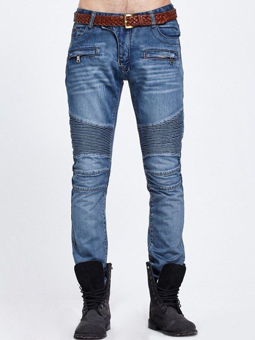Zipper Pocket Éraflure Rib lambrissée Jeans - Bleu 29