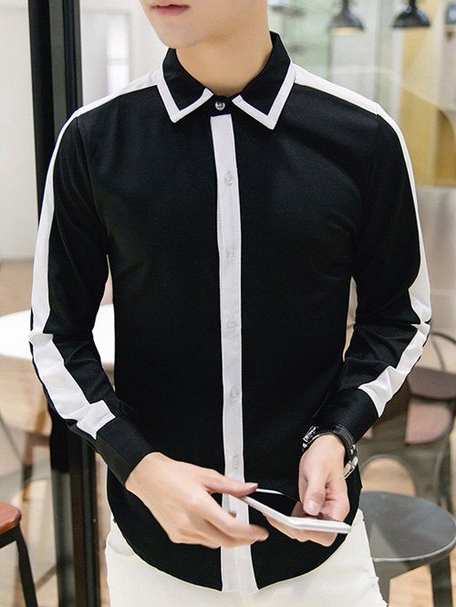 

Color Block Splicing Stylish Turn-Down Collar Long Sleeve Men's Shirt, Black