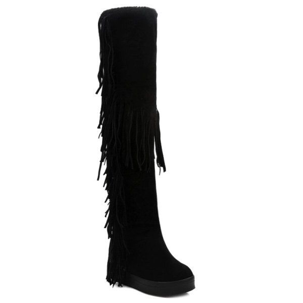 

Hidden Wedge Platform Fringe Thigh Boots, Black