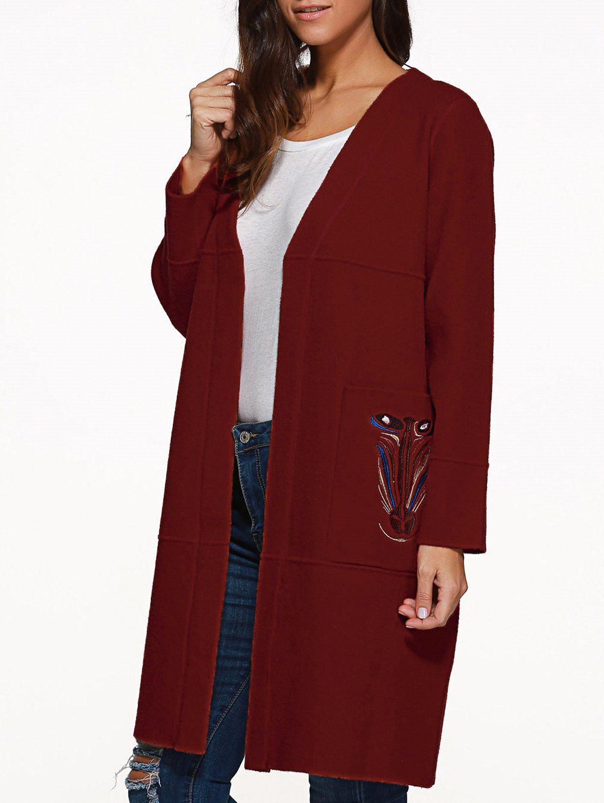 

Embroidered Collarless Coat with Pockets, Deep red
