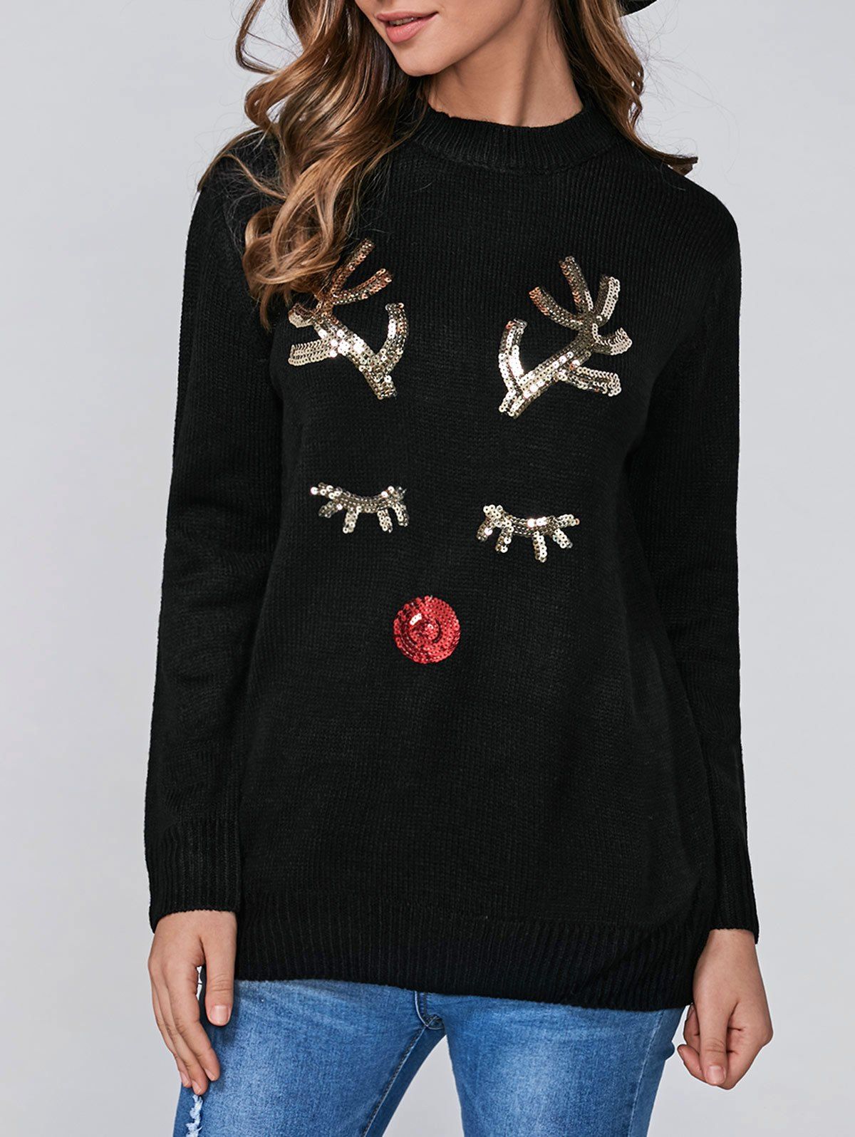 Christmas Sequins Deer Pullover Sweater - BLACK ONE SIZE