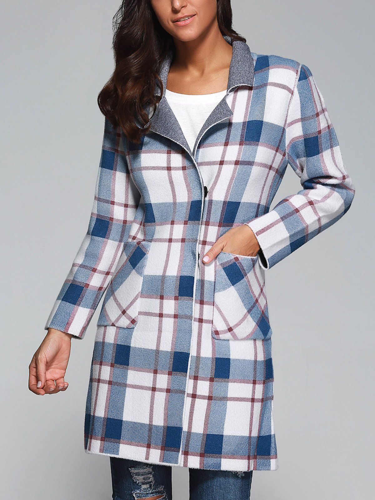 

Plaid Wool Blend Coat with Pockets, Light blue