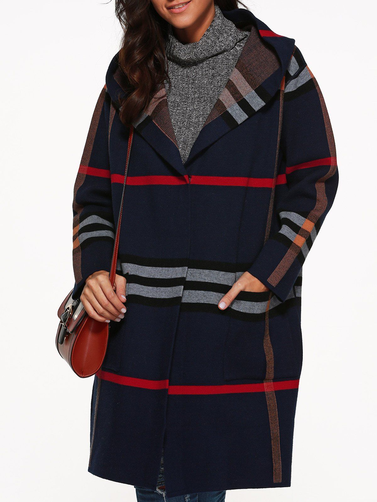 

Hooded Plaid Coat with Pockets, Purplish blue