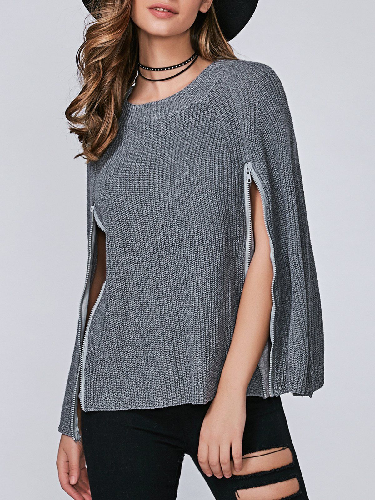 

Zipper Pullover Cape Sweater, Gray