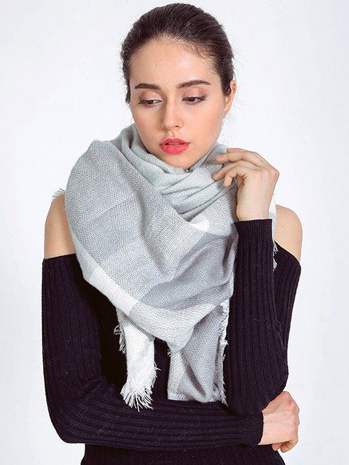 

Autumn Plaid Pattern Fringed Edge Wrap Scarf, Light gray
