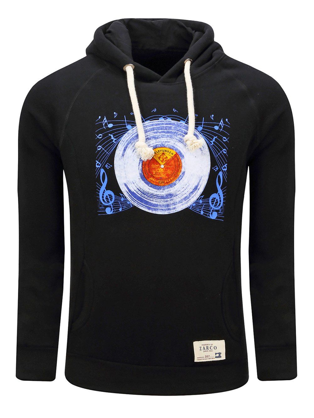 

Hooded Thicken Gramophone Record Print Fleece Hoodie, Black